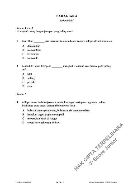 Contoh soalan Tahun 5 — Bahagian A
